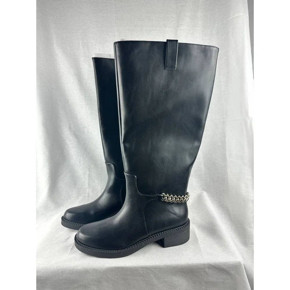 A New Day Women Black Knee High Boots‎ Silver Chain Detail Size 8 NWT